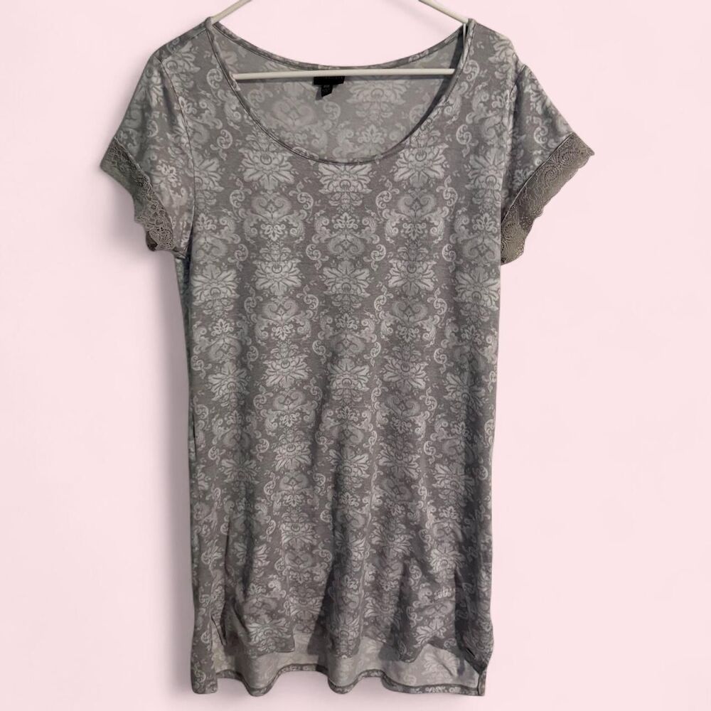 Tahari Grey Lace Trim Damask Print Sleepwear Nightgown Dress Size M